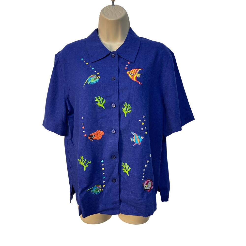 Citi Dress Short Sleeve Linen Blend Button Up Top Blue with Embroidery Size 12